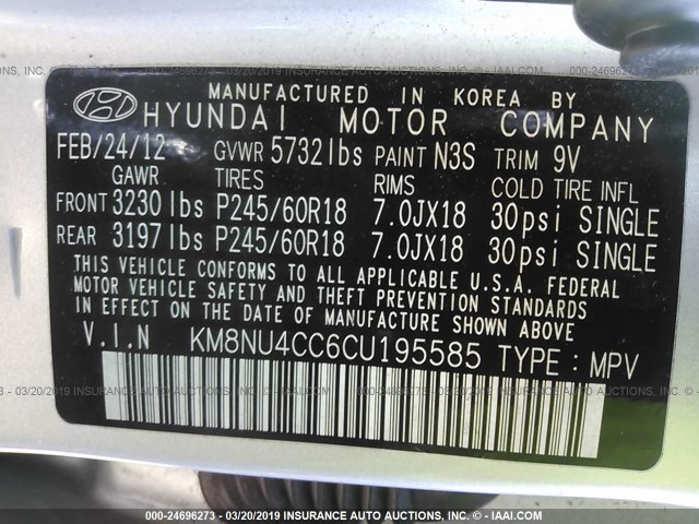 KM8NU4CC6CU195585 - 2012 HYUNDAI VERACRUZ GLS/LIMITED SILVER photo 9