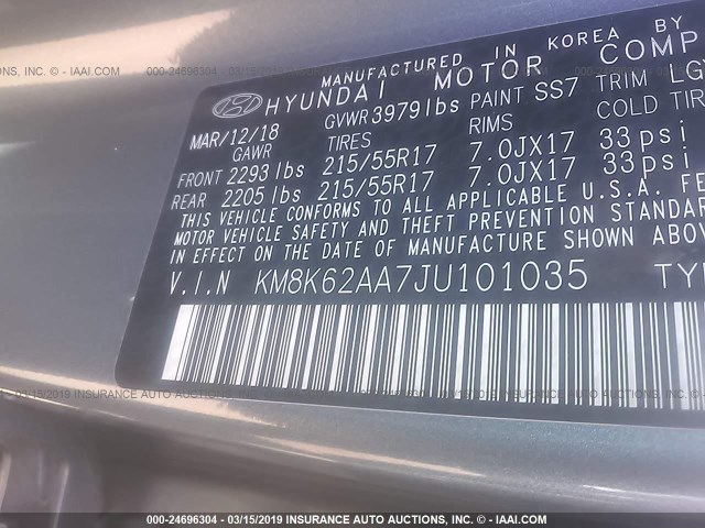 KM8K62AA7JU101035 - 2018 HYUNDAI KONA SEL/TECH BLUE photo 9