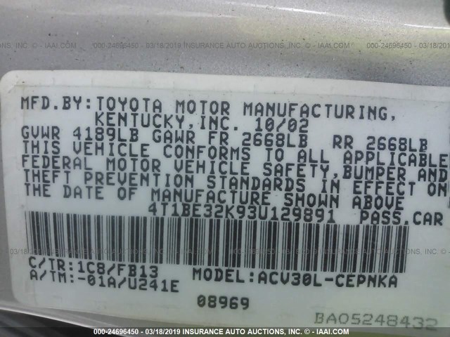 4T1BE32K93U129891 - 2003 TOYOTA CAMRY LE/XLE/SE GRAY photo 9