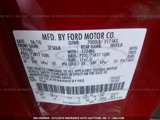 1FTEX1E84AKE21182 - 2010 FORD F150 SUPER CAB RED photo 9