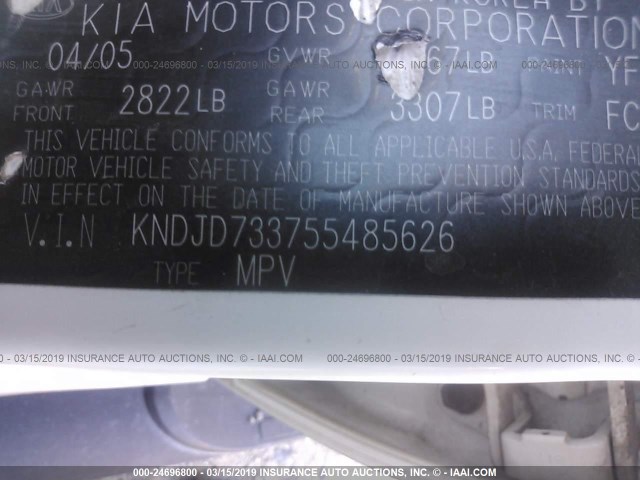 KNDJD733755485626 - 2005 KIA SORENTO EX/LX WHITE photo 9