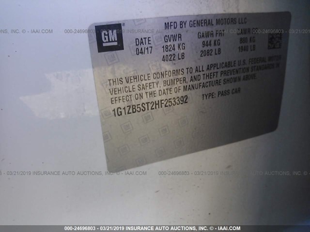 1G1ZB5ST2HF253392 - 2017 CHEVROLET MALIBU LS WHITE photo 9