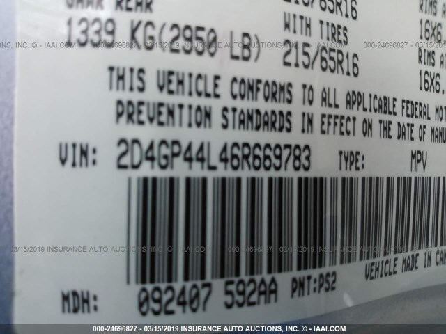 2D4GP44L46R669783 - 2006 DODGE GRAND CARAVAN SXT SILVER photo 9