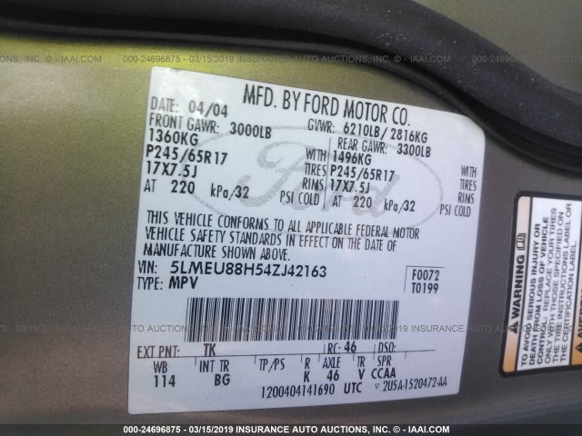 5LMEU88H54ZJ42163 - 2004 LINCOLN AVIATOR 米色 照片 9