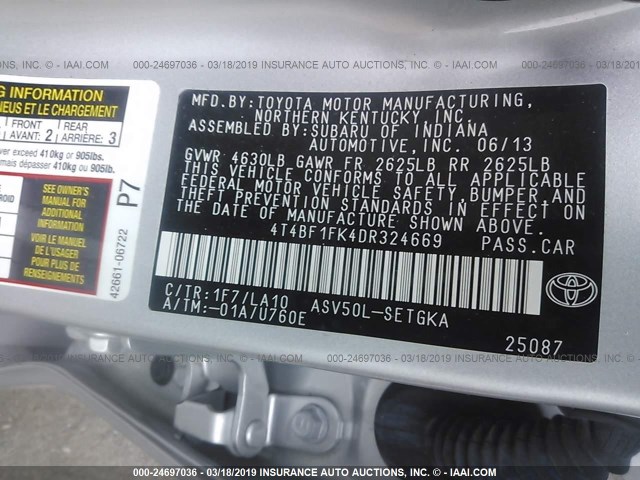 4T4BF1FK4DR324669 - 2013 TOYOTA CAMRY L/SE/LE/XLE SILVER photo 9