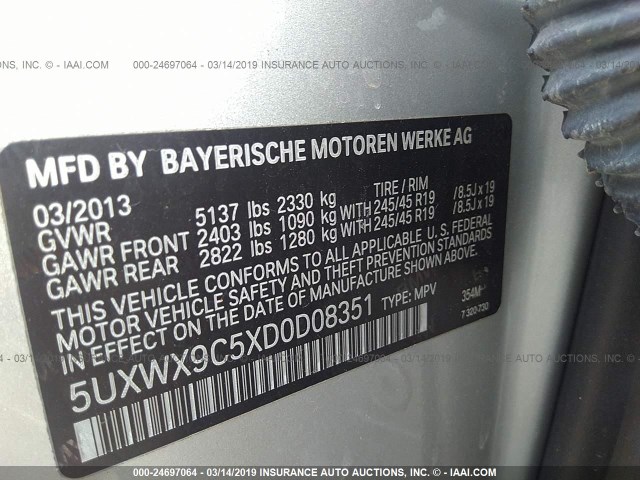 5UXWX9C5XD0D08351 - 2013 BMW X3 XDRIVE28I ვერცხლისფერი ფოტო 9