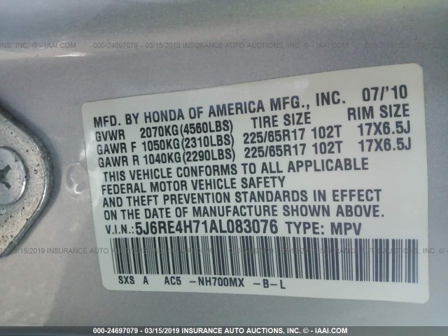 5J6RE4H71AL083076 - 2010 HONDA CR-V EXL SILVER photo 9