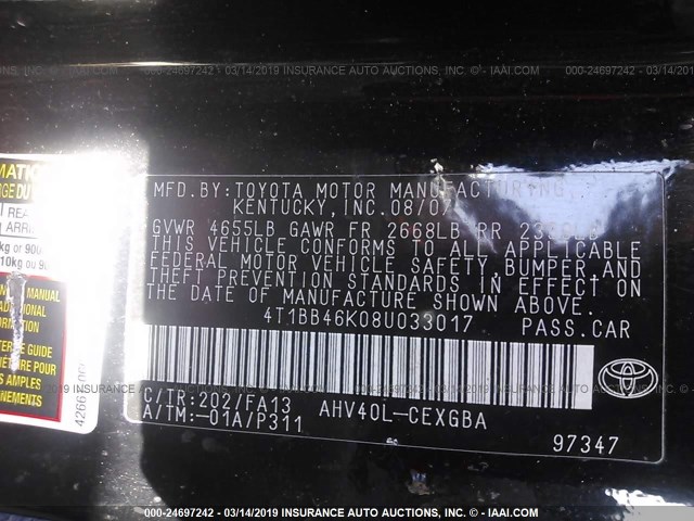 4T1BB46K08U033017 - 2008 TOYOTA CAMRY HYBRID BLACK photo 9