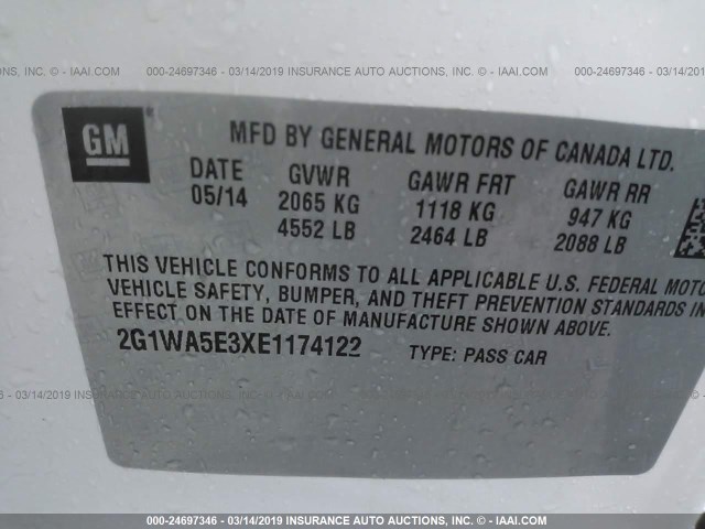 2G1WA5E3XE1174122 - 2014 CHEVROLET IMPALA LIMITED LS WHITE photo 9