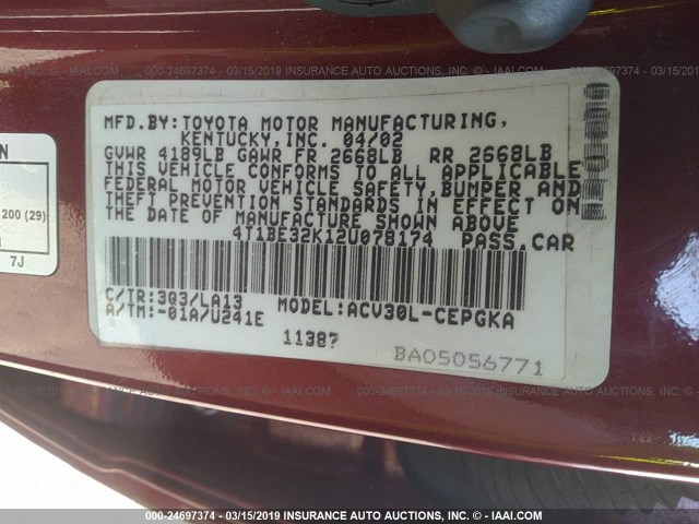 4T1BE32K12U078174 - 2002 TOYOTA CAMRY LE/XLE/SE RED photo 9