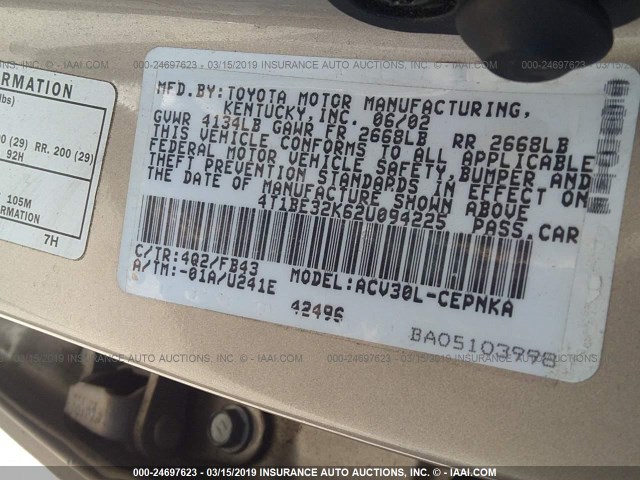 4T1BE32K62U094225 - 2002 TOYOTA CAMRY LE/XLE/SE CREAM photo 9