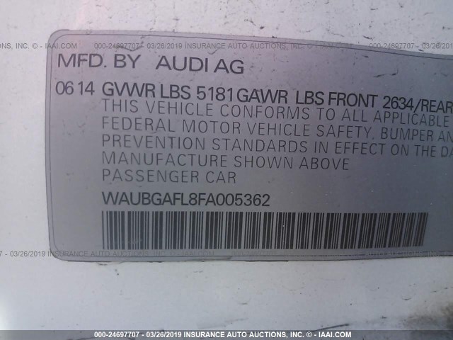 WAUBGAFL8FA005362 - 2015 AUDI S4 PREMIUM PLUS WHITE photo 9