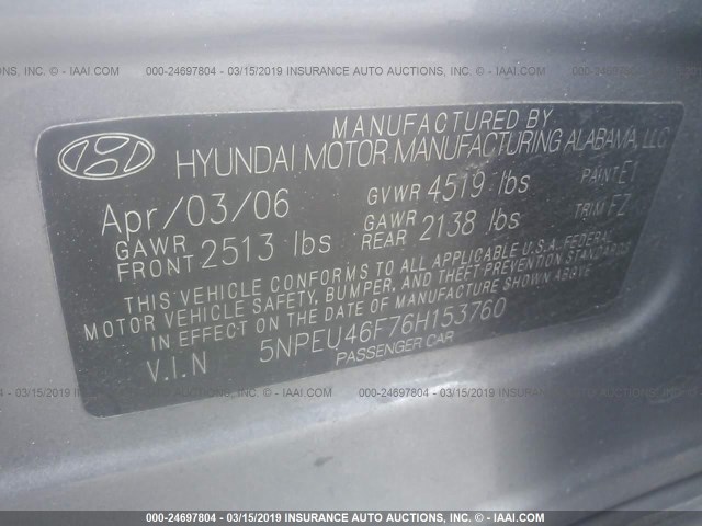 5NPEU46F76H153760 - 2006 HYUNDAI SONATA GLS/LX GRAY photo 9