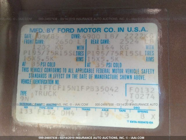 1FTCF15N1FPB35042 - 1985 FORD F150 BROWN photo 9