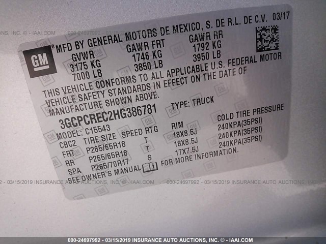 3GCPCREC2HG386781 - 2017 CHEVROLET SILVERADO C1500 LT SILVER photo 9