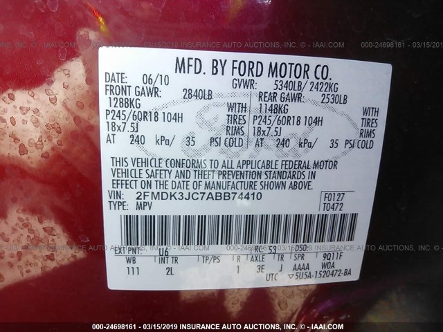 2FMDK3JC7ABB74410 - 2010 FORD EDGE SEL RED photo 9