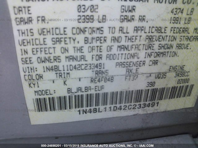 1N4BL11D42C233491 - 2002 NISSAN ALTIMA SE SILVER photo 9