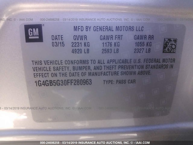 1G4GB5G30FF280963 - 2015 BUICK LACROSSE SILVER photo 9