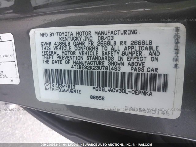 4T1BE32K23U781493 - 2003 TOYOTA CAMRY LE/XLE/SE GRAY photo 9