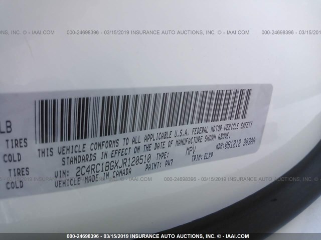 2C4RC1BGXJR120510 - 2018 CHRYSLER PACIFICA TOURING L Սպիտակ լուսանկար 9