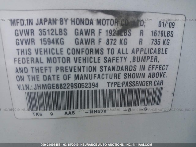 JHMGE88229S052394 - 2009 HONDA FIT WHITE photo 9