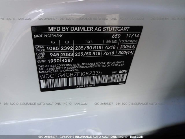 WDCTG4GB7FJ087335 - 2015 MERCEDES-BENZ GLA 250 4MATIC WHITE photo 9