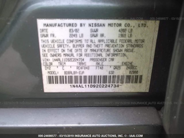 1N4AL11D92C224734 - 2002 NISSAN ALTIMA S/SL GRAY photo 9