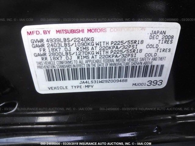 JA4LS31W29Z009488 - 2009 MITSUBISHI OUTLANDER SE შავი ფოტო 9