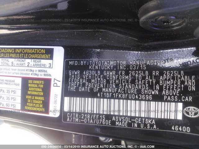 4T1BF1FK8FU043696 - 2015 TOYOTA CAMRY LE/XLE/SE/XSE BLACK photo 9