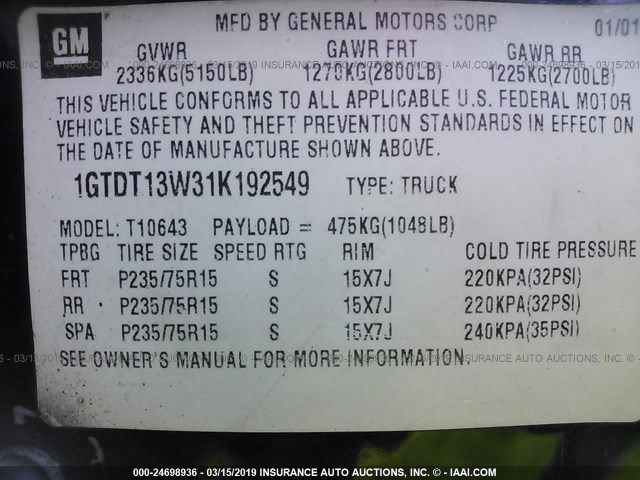 1GTDT13W31K192549 - 2001 GMC SONOMA BLACK photo 9