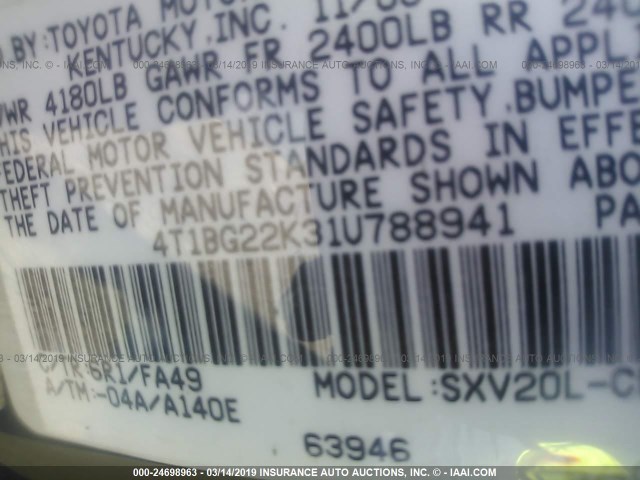 4T1BG22K31U788941 - 2001 TOYOTA CAMRY CE/LE/XLE 绿色 照片 9