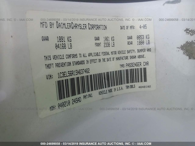 1C3EL56R15N637462 - 2005 CHRYSLER SEBRING TOURING თეთრი ფოტო 9