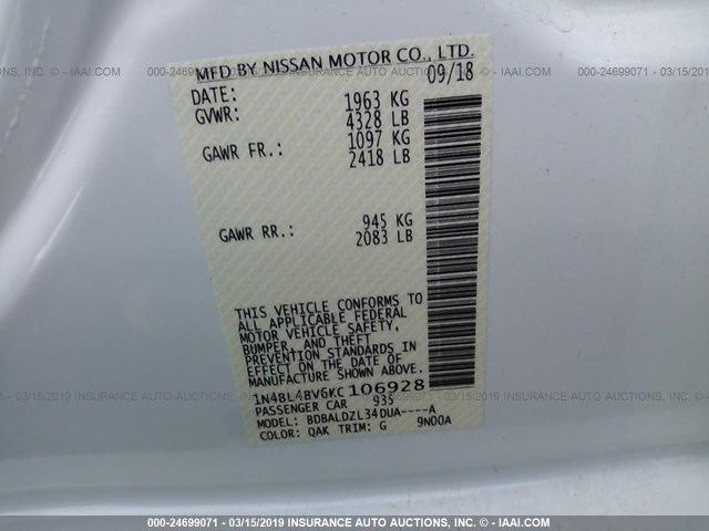 1N4BL4BV6KC106928 - 2019 NISSAN ALTIMA WHITE photo 9