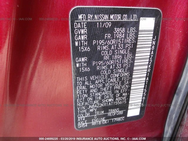 JN8AZ2KR1AT155615 - 2010 NISSAN CUBE S/SL/KROM RED photo 9