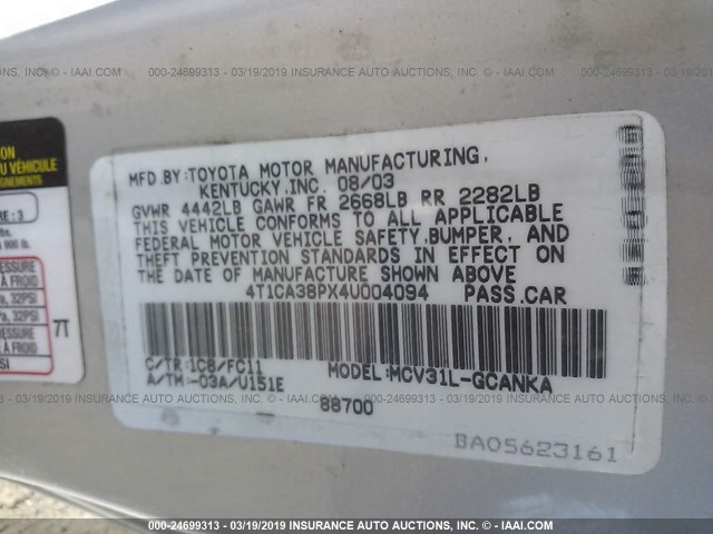 4T1CA38PX4U004094 - 2004 TOYOTA CAMRY SOLARA SE/SLE SILVER photo 9