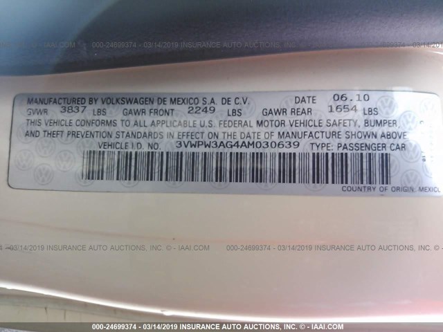 3VWPW3AG4AM030639 - 2010 VOLKSWAGEN NEW BEETLE Krem foto 9