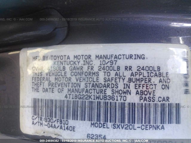 4T1BG22K1WU836170 - 1998 TOYOTA CAMRY CE/LE/XLE GRAY photo 9