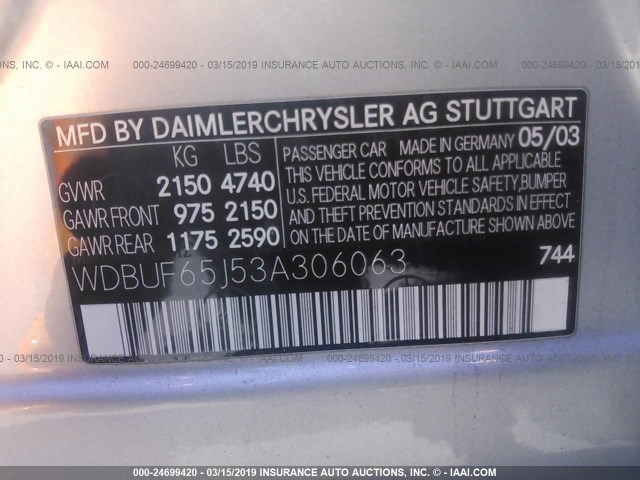 WDBUF65J53A306063 - 2003 MERCEDES-BENZ E 320 SILVER photo 9