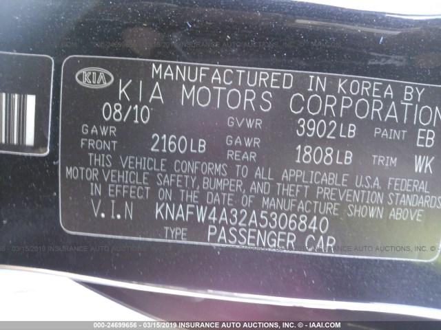 KNAFW4A32A5306840 - 2010 KIA FORTE SX BLACK photo 9