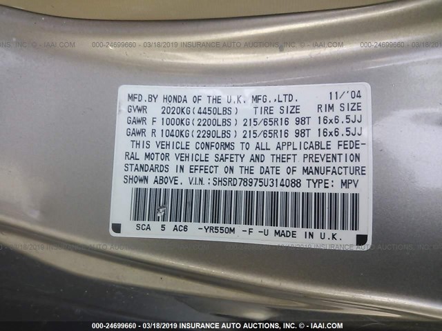 SHSRD78975U314088 - 2005 HONDA CR-V SE/EX GOLD photo 9