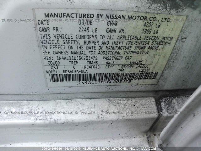 1N4AL11D56C203479 - 2006 NISSAN ALTIMA S/SL WHITE photo 9