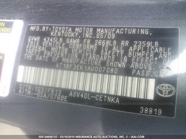 4T1BF3EK1AU007080 - 2010 TOYOTA CAMRY SE/LE/XLE GRAY photo 9