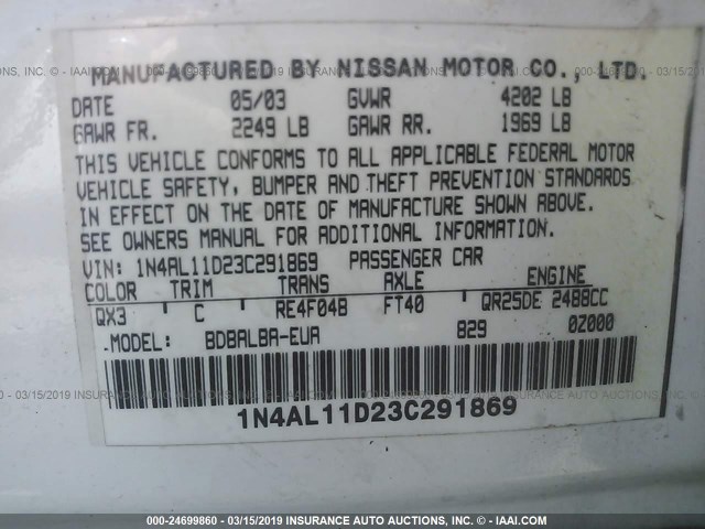 1N4AL11D23C291869 - 2003 NISSAN ALTIMA S/SL WHITE photo 9