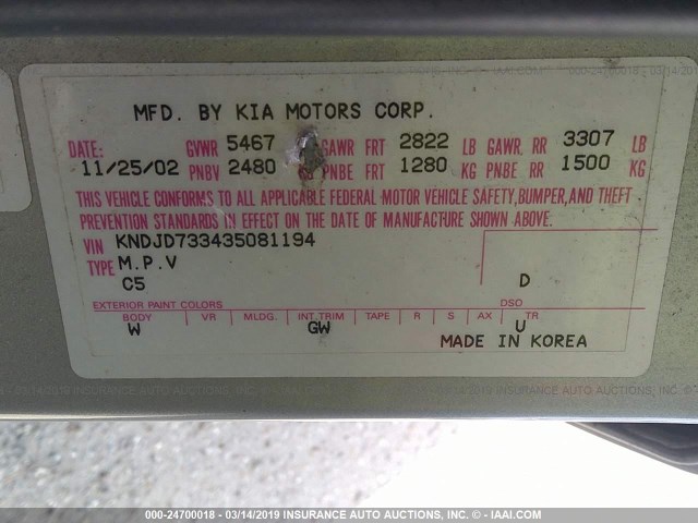 KNDJD733435081194 - 2003 KIA SORENTO EX/LX SILVER photo 9