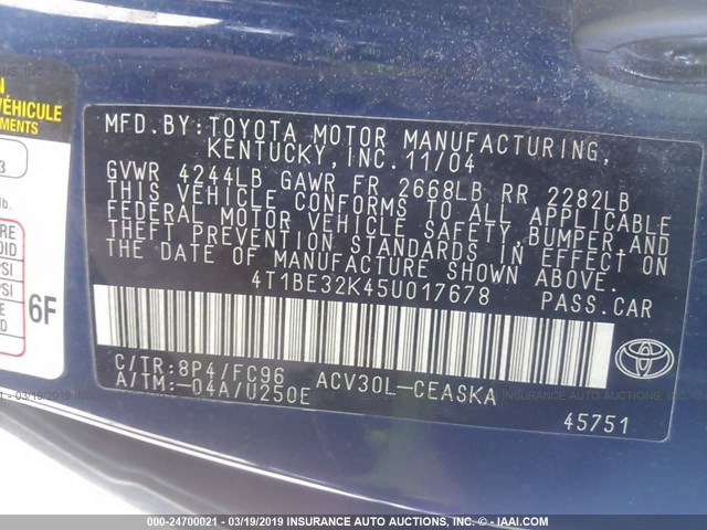 4T1BE32K45U017678 - 2005 TOYOTA CAMRY LE/XLE/SE BLUE photo 9