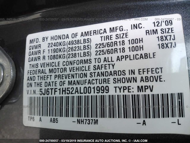 5J6TF1H52AL001999 - 2010 HONDA ACCORD CROSSTOUR EXL GRAY photo 9