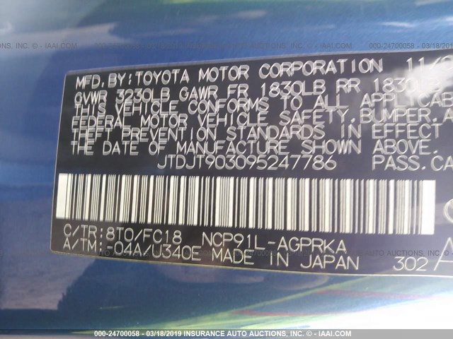 JTDJT903095247786 - 2009 TOYOTA YARIS BLUE photo 9