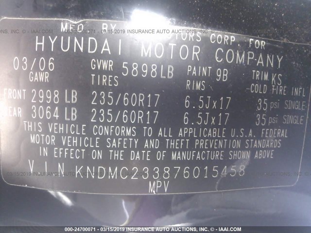 KNDMC233876015458 - 2007 HYUNDAI ENTOURAGE GLS/SE/LIMITED BLACK photo 9