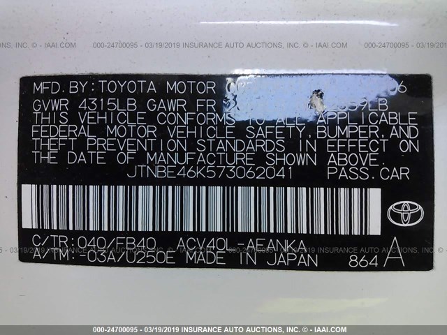 JTNBE46K573062041 - 2007 TOYOTA CAMRY NEW GENERAT CE/LE/XLE/SE WHITE photo 9