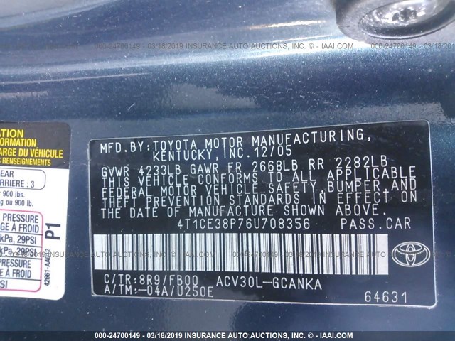 4T1CE38P76U708356 - 2006 TOYOTA CAMRY SOLARA SE/SLE BLUE photo 9